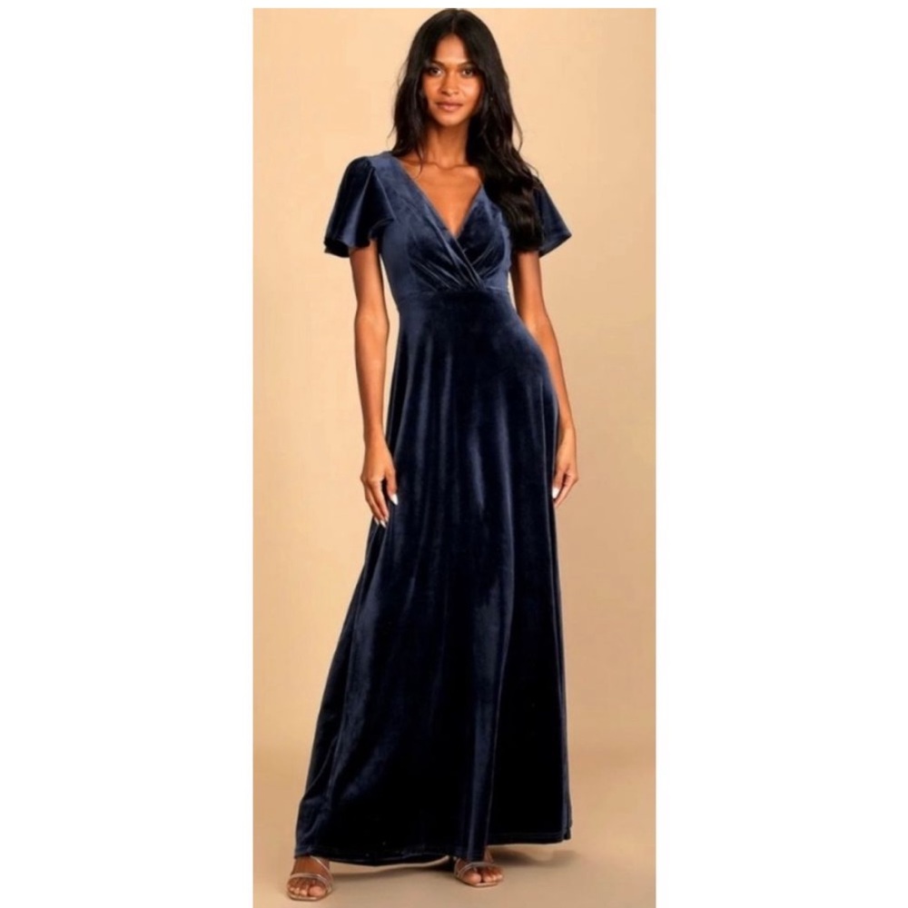Lulus Navy Blue Velvet Flutter Sleeve Maxi Dress